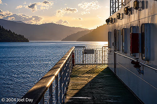 Wellington-Picton Interislander Cook Strait Ferry traversing Queen Charlotte Sound at the northern end of the South Island, New Zealand