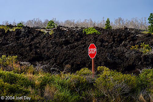 Hardened lava blocking road in Hawai'i Volcanoes National Park, Island of Hawai'i, Hawai'i