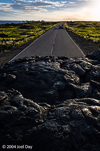 Hardened lava blocking road in Hawai'i Volcanoes National Park, Island of Hawai'i, Hawai'i