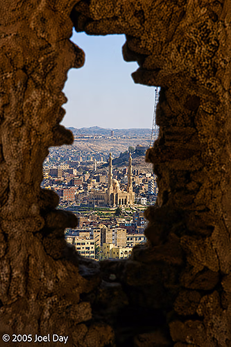 Aswan Mosque viewed through ruins near Aswan, Egypt