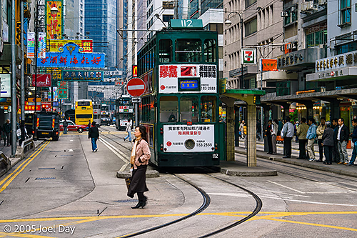 Iconic double-decker tram on streets of Hong Kong, China