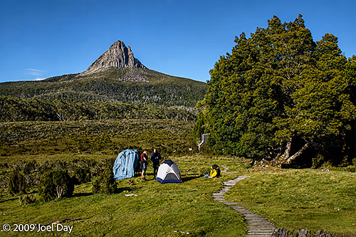 Barn Bluff (1559 m) behind Waterfall Valley Camp, Overland Track, Tasmania