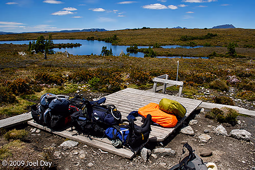 Backpack storage area for side trips to Lake Will along the Waterfall Valley to Lake Windermere segment of the Overland Track, Tasmania