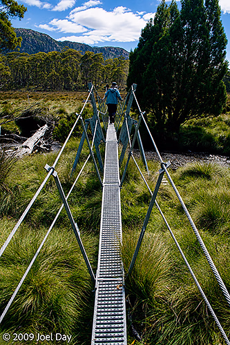 Hiking across a small suspension bridge in buttongrass moorlands on the way to Mount Oakleigh (1286m) near the Overland Track in Tasmania