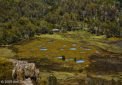 View of Pelion Hut from the top of Mount Oakleigh (1286m) near the Overland Track in Tasmania