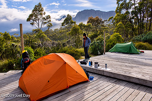 Tent platforms at Kia Ora Creek along the Overland Track in Tasmania
