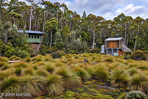 Bert Nichols Hut and elevated toilet on the Overland Track in Tasmania