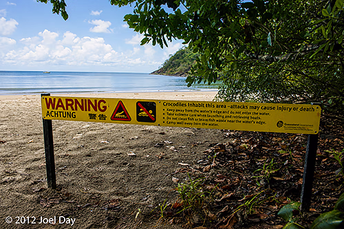 Crocodile warning sign at beach in Cape Tribulation, Daintree National Park, Queensland