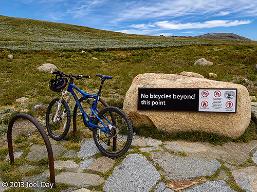 Mountain Bike Terminus on Mount Kosciuszko climb, Mount Kosciuszko National Park, New South Wales