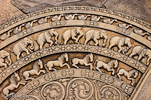 Carved Moonstone (Sandakada Pahana) at Polonnaruwa Vatadage, Sri Lanka